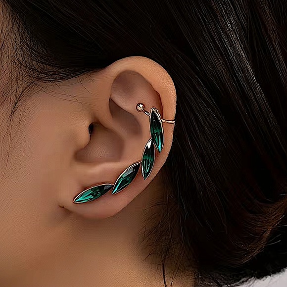 Gold Zircon Emerald Ear Climber, Punk, Goth, Elegant - Picture 2 of 6